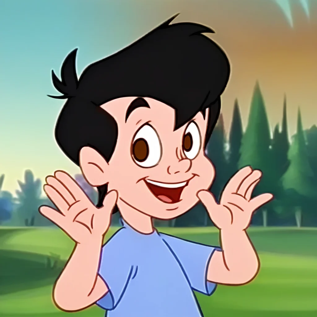 neddiehugsonozkids, 1boy, solo, human, black hair, brown eyes, blue shirt, upper body, male child, accurate, detailed, waving hello, outdoors background, looking at you, happy, <lora:Neddie_Hugson_Oz_Kids:1>