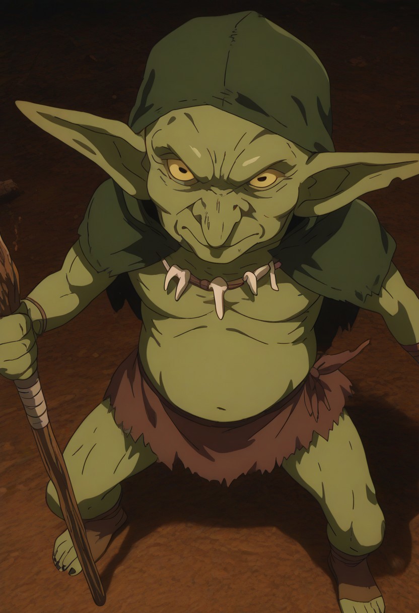 score_9, score_8_up, score_7_up, source_anime, anime screencap, Solo, anime, (Background: fantasy), Fantasy, solo, 1man, HD, Perfect-Details, perfect details, official art, HD, professional, anime, Goblin, Ugly, Ragged, savage, full body, tribal, goblin shaman, (elderly, skinny, frail, bony, wrinkly), voodoo, gaunt, dark green-gray skin, dark tattered hood, bone necklace, shaman staff, Dark, Edgy, dramatic, epic, evil, ominous