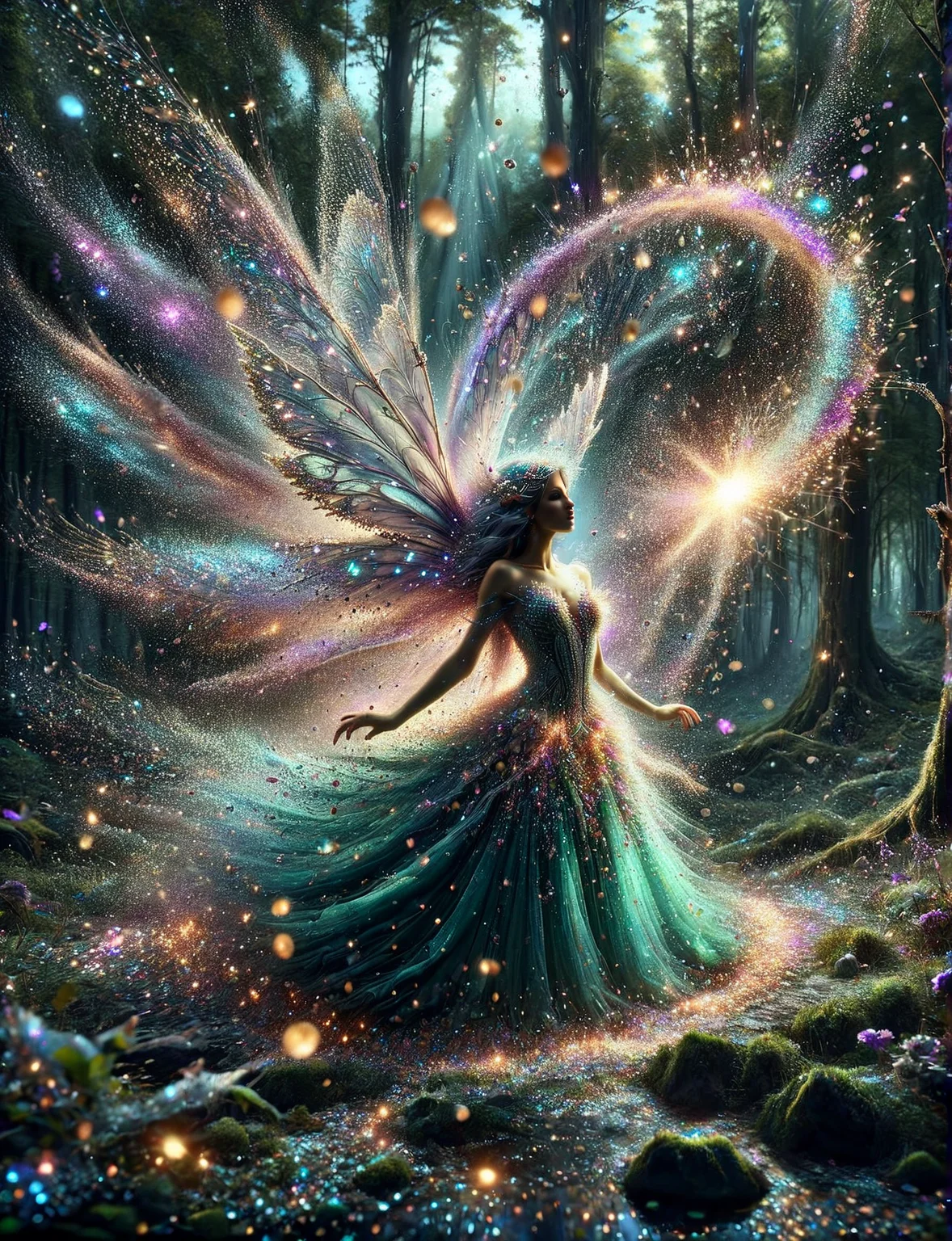 A ais-glttrbmb fairy furious at the mess in the enchanted forest <lora:ais-glttrbmb-sdxl:1>