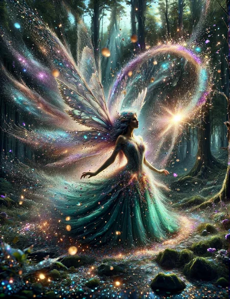 A ais-glttrbmb fairy furious at the mess in the enchanted forest <lora:ais-glttrbmb-sdxl:1>