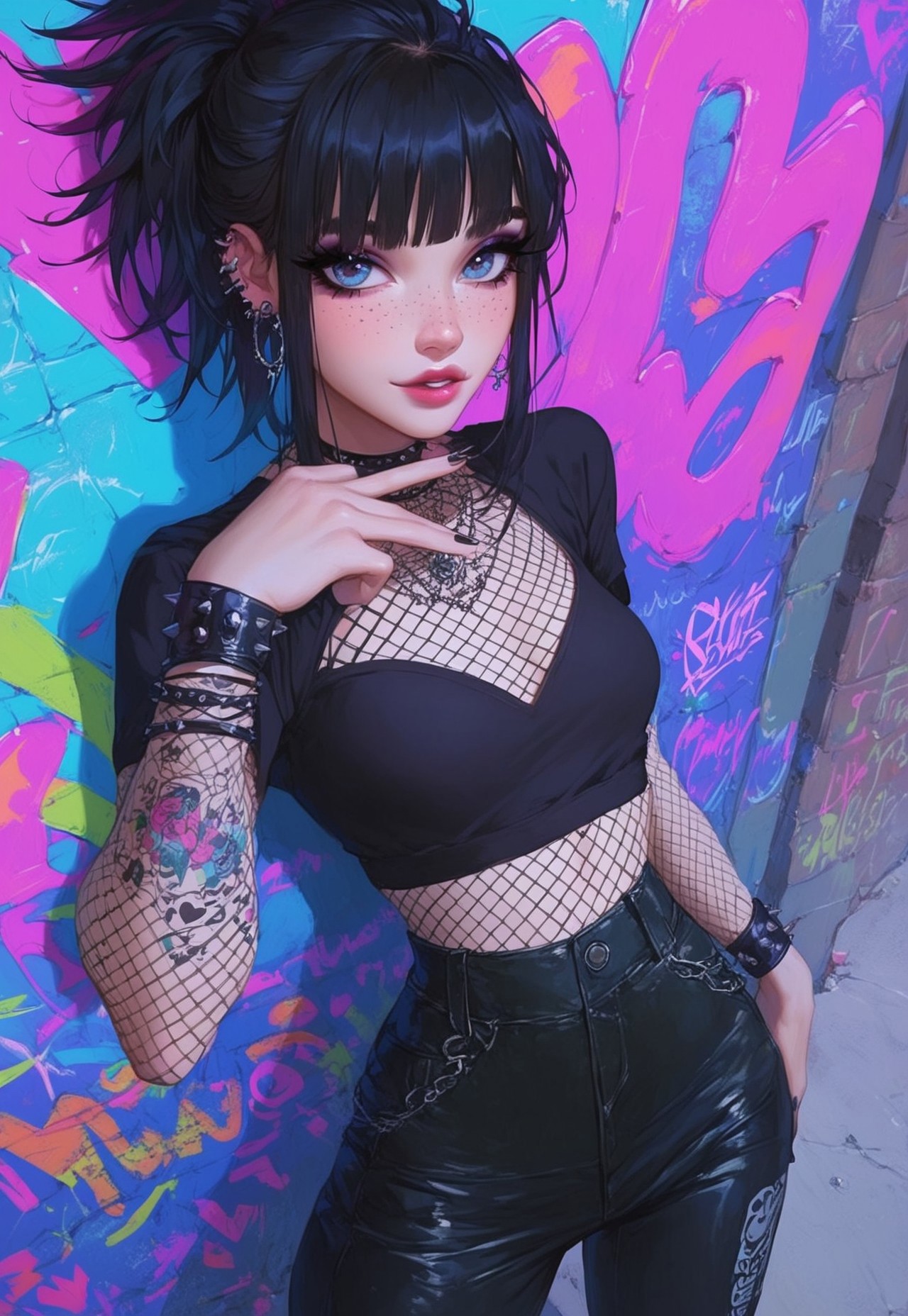  score_9, score_8_up, score_7_up, score_6_up, score_5_up, score_4_up, aesthetic, newest, 1girl, solo, emo style, cute face, beautiful girl, kawaii, bangs, black hair, long eyelashes, petite body, emo clothes style, punk style, semi-realism, graffiti signs, holographic billboards and other cool stuff, dynamic angle, cute pose, freckles, 18yo girl, fishnet, high waist pants, 