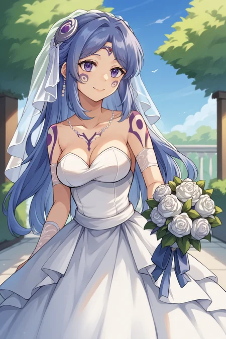 score_9, score_8_up, score_7_up, score_6_up, source_anime BREAK 1girl, solo <lora:tialuna-pdxl-nvwls-v1-000006:1> tialuna, blue hair, purple eyes, facial mark, tattoo, circlet, hair ornament, bridal veil, wedding dress, white dress, gown, garden, blue sky, holding bouquet, smile