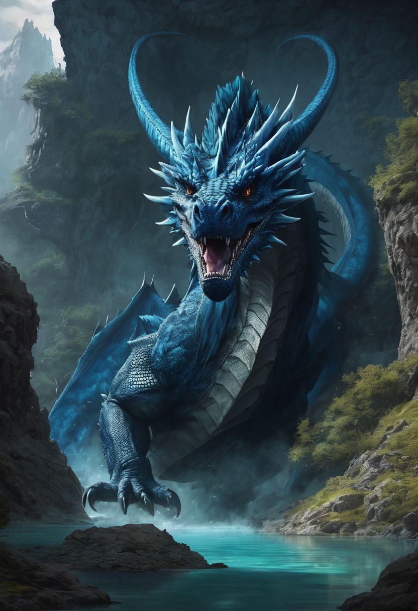 a blue dragon, dungeons and dragons, huge dragon, blue, magic spell, dark ambience, lake, dark cave