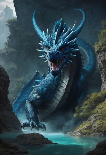 a blue dragon, dungeons and dragons, huge dragon, blue, magic spell, dark ambience, lake, dark cave