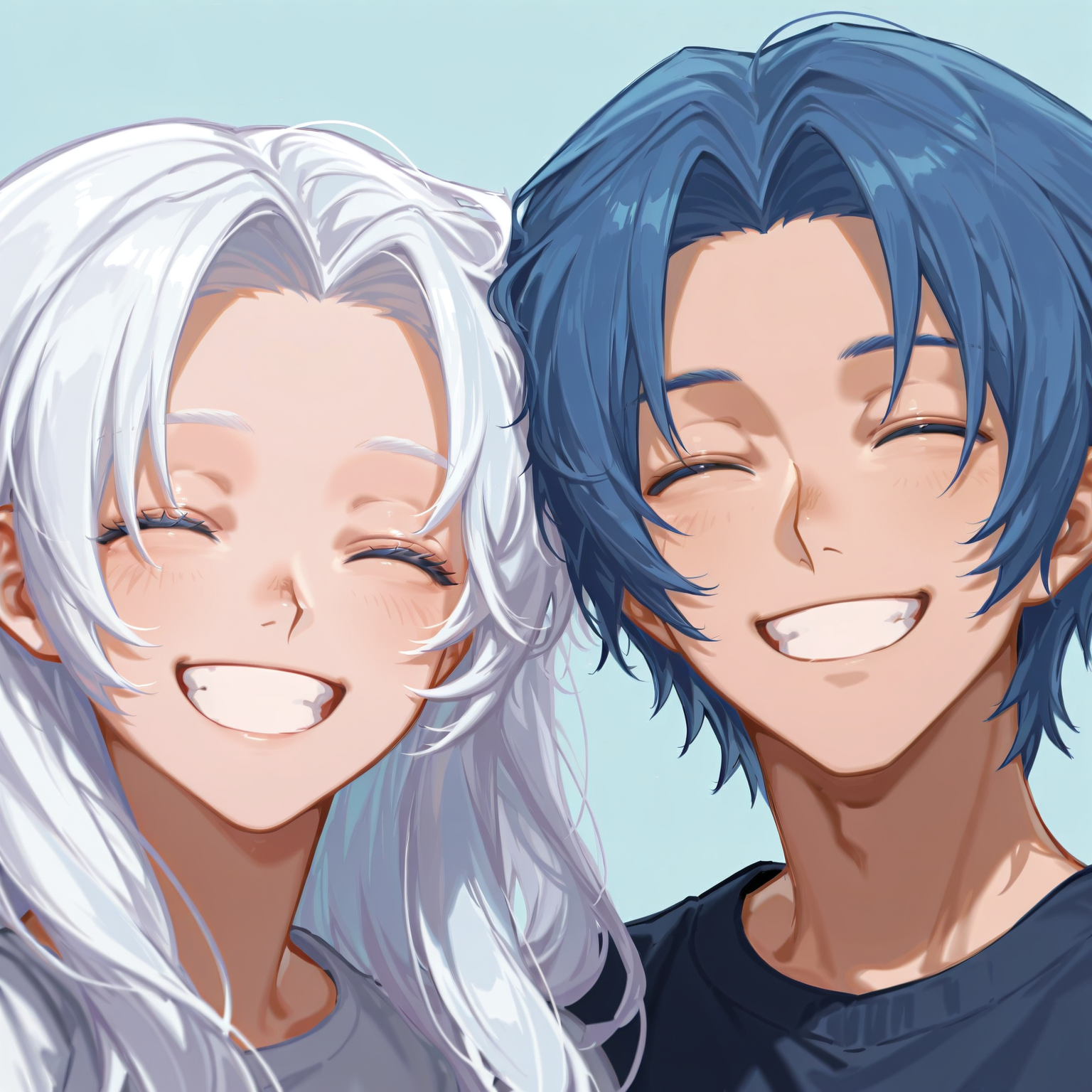 1girl, 1boy,  long hair, short hair, <lora:Parted_Bangs_with_Curtain_Hair_Illustrious:1> curt4ined h4ir, blue hair, white hair, simple background, happy, side-by-side, portrait,