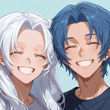 1girl, 1boy,  long hair, short hair, <lora:Parted_Bangs_with_Curtain_Hair_Illustrious:1> curt4ined h4ir, blue hair, white hair, simple background, happy, side-by-side, portrait,