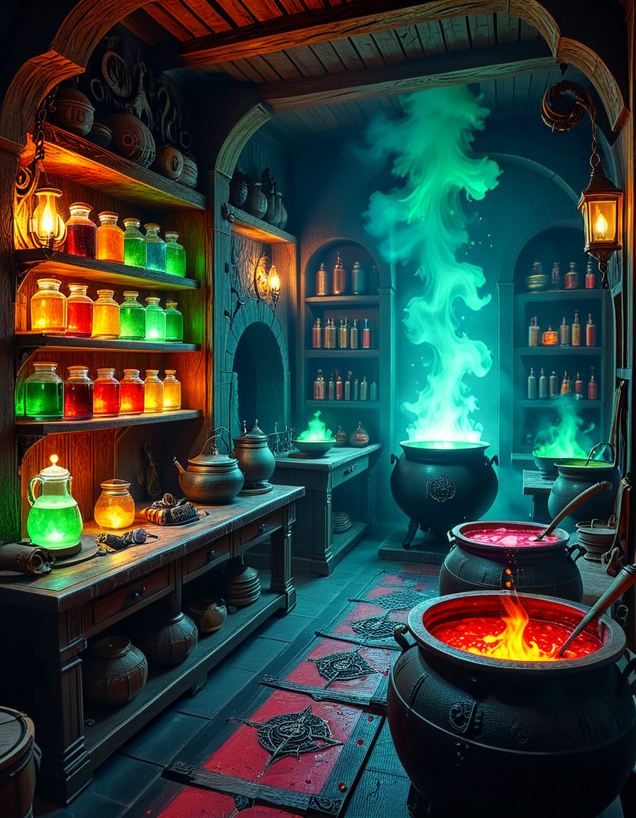 Hidden deep within the necromancerâs infernal domain lies a nightmarish kitchen, a grotesque fusion of alchemical laboratory and sacrificial chamber. The walls are carved from blackened bone and obsidian, pulsating faintly with necrotic energy. Faint green flames flicker in sconces made from twisted skeletal hands, casting eerie shadows across the macabre workspace. The air is thick with the scent of decay, ash, and something far worseâan indescribable aroma of corruption and dark magic.
At the center, a massive butcherâs table, scarred and stained with centuries of dried blood, serves as the primary workstation. Rusted, jagged knives, bone saws, and crude flesh-carving tools hang from hooks, their edges glistening with fresh remnants of something recently prepared. Nearby, grotesque cauldrons bubble with viscous, unnatural liquidsâblack ichor, boiling crimson blood, and glowing green elixirs swirl together, each concoction releasing haunting whispers as if infused with trapped souls.
Suspended from the ceiling, enormous iron hooks hold skinned carcassesâsome humanoid, others unrecognizable abominations stitched together from various creatures. Skeletal constructs, animated by unseen forces, mindlessly tend to the kitchen, stirring bubbling cauldrons and grinding unknown ingredients into fine powders using ancient, rune-etched mortars and pestles.
Along the walls, towering shelves hold disturbing "ingredients" sealed in glass jars: floating, disembodied eyes that track movement, severed hands that twitch sporadically, and writhing black worms that exude a thick, putrid slime. Bundles of dried, withered herbsâsome glowing faintly with infernal energyâhang from the rafters, alongside strips of preserved flesh, their origins best left unspoken.
In one corner, a massive, rune-inscribed oven burns with an unnatural, ghostly blue flame. The heat does not come from firewood but from the tormented souls bound within, their agonized wails fueling its endless infernal blaze. A massive iron cauldron sits atop a cracked stone hearth, where a thick, bubbling stew churnsâits surface occasionally breaking as something beneath struggles, clawing weakly before sinking back into the depths.
This is not a place for feastingâit is a workshop of the grotesque, where ingredients are harvested, flesh is repurposed, and the very essence of undeath is distilled into unholy nourishment. No living creature eats hereâonly the dead, the damned, and the things that should not be.
Style & Mood :
- Dark fantasy, gothic horror, necromantic aesthetics
- Cinematic, high-detail, eerie lighting
- Infernal atmosphere, filled with shadows, glowing green and crimson energy, and grotesque details
- Inspired by the works of ZdzisÅaw BeksiÅski, H.R. Giger, and dark medieval sorcery
<lora:SDXLFaeTastic2400:0.4> <lora:extremely_detailed:0.4> extremely detailed, <lora:mysterious_4lch3my_sh0p:1> mysterious 4lch3my sh0p <lora:nightmarish_k1tch3n:1>,nightmarish k1tch3n, Masterpiece,best quality,hi res,8k,hi res,8k,award winning,(sharp focus, intricate, highly detailed),