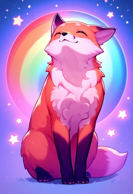 score_9, score_8_up, score_7_up,  BREAK fox, f0x, feral, cute, spiral ((rainbow swirl)) background, pink stars, purple blue gradient