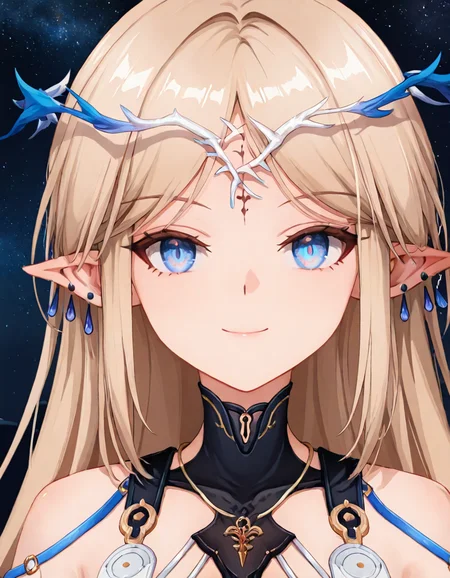 1girl, cartethyia, multicolored eyes, crown of thorns, tacet mark, multiple earrings, bracelet of thorns, undersuit, smile, looking at viewer, straight-on, portrait, face focus, starry sky <lora:cartethyia-noob-e-v1:0.8>