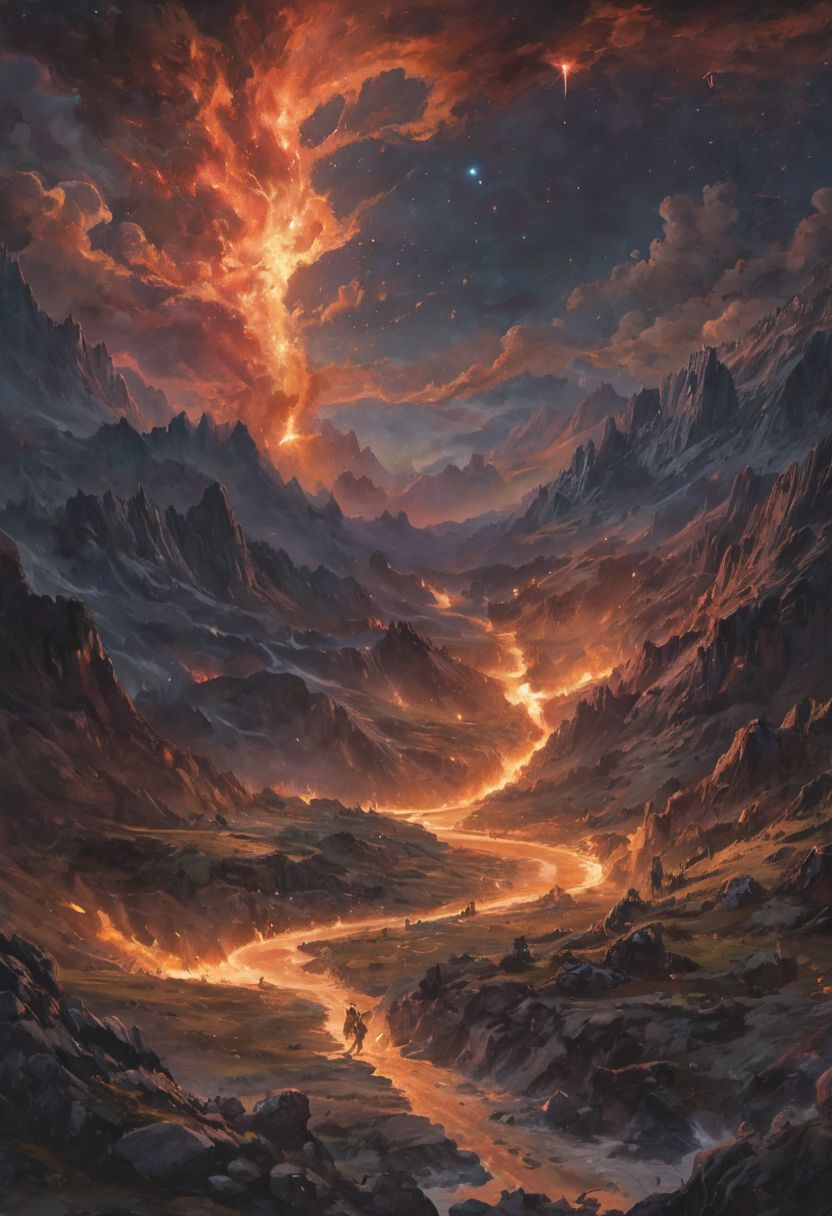 grotesque creatures, In a dramatic scene, a meteor shower lights up the night sky, turning it into a burning spectacle of fire and light. Meteors streak across the heavens, leaving trails of flame as they descend. Below, a wide valley is bathed in the fiery glow, the landscape illuminated by the falling celestial bodies. Each meteor blazes brightly, creating a stunning contrast against the dark sky. The valley is a mix of shadows and vibrant light, with the burning sky above transforming the serene landscape into a scene of awe-inspiring natural power. moonlit night.romantic impressionism, dream scenery art, beautiful oil matte painting, romantic, beautiful digital painting, anime landscape, romantic painting, dreamlike digital painting, colorful painting, beautiful gorgeous digital art, style Karol Bok, Brian Froud, Wendy Froud, Guy Davis, Sergio Sandoval