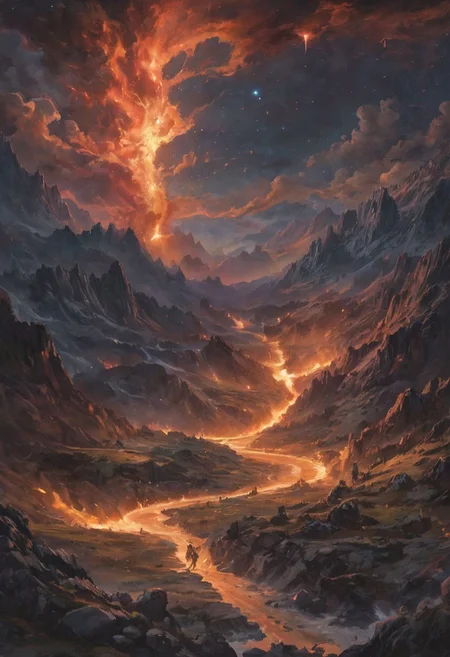 grotesque creatures, In a dramatic scene, a meteor shower lights up the night sky, turning it into a burning spectacle of fire and light. Meteors streak across the heavens, leaving trails of flame as they descend. Below, a wide valley is bathed in the fiery glow, the landscape illuminated by the falling celestial bodies. Each meteor blazes brightly, creating a stunning contrast against the dark sky. The valley is a mix of shadows and vibrant light, with the burning sky above transforming the serene landscape into a scene of awe-inspiring natural power. moonlit night.romantic impressionism, dream scenery art, beautiful oil matte painting, romantic, beautiful digital painting, anime landscape, romantic painting, dreamlike digital painting, colorful painting, beautiful gorgeous digital art, style Karol Bok, Brian Froud, Wendy Froud, Guy Davis, Sergio Sandoval