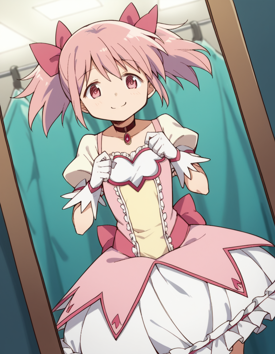 score_9, score_8_up, score_7_up, source_anime, <lora:madoka-kaname-s1-ponyxl-lora-nochekaiser:1>, madoka kaname, short hair, ribbon, twintails, hair ribbon, pink hair, pink eyes, short twintails,, skirt, gloves, dress, bow, choker, puffy sleeves, white gloves, magical girl, bubble skirt,, dressing room, mirror, lights, costumes, makeup, smile, smug, looking at viewer, solo,, dutch angle, cowboy shot