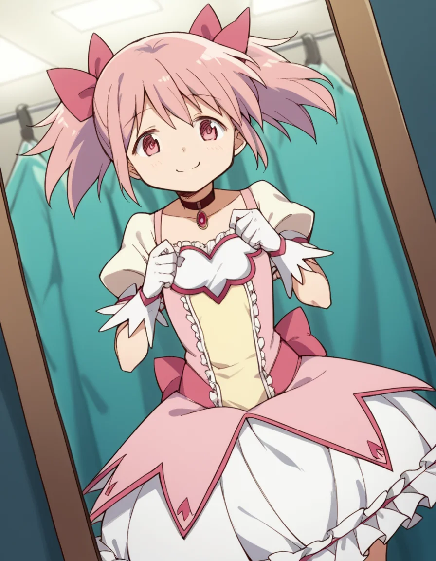 score_9, score_8_up, score_7_up, source_anime, <lora:madoka-kaname-s1-ponyxl-lora-nochekaiser:1>, madoka kaname, short hair, ribbon, twintails, hair ribbon, pink hair, pink eyes, short twintails,, skirt, gloves, dress, bow, choker, puffy sleeves, white gloves, magical girl, bubble skirt,, dressing room, mirror, lights, costumes, makeup, smile, smug, looking at viewer, solo,, dutch angle, cowboy shot