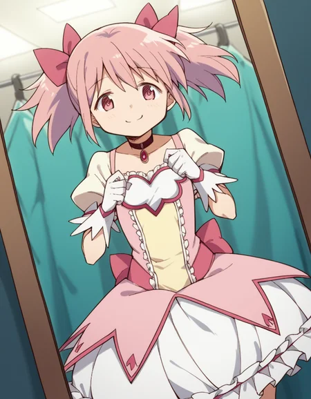 score_9, score_8_up, score_7_up, source_anime, <lora:madoka-kaname-s1-ponyxl-lora-nochekaiser:1>, madoka kaname, short hair, ribbon, twintails, hair ribbon, pink hair, pink eyes, short twintails,, skirt, gloves, dress, bow, choker, puffy sleeves, white gloves, magical girl, bubble skirt,, dressing room, mirror, lights, costumes, makeup, smile, smug, looking at viewer, solo,, dutch angle, cowboy shot
