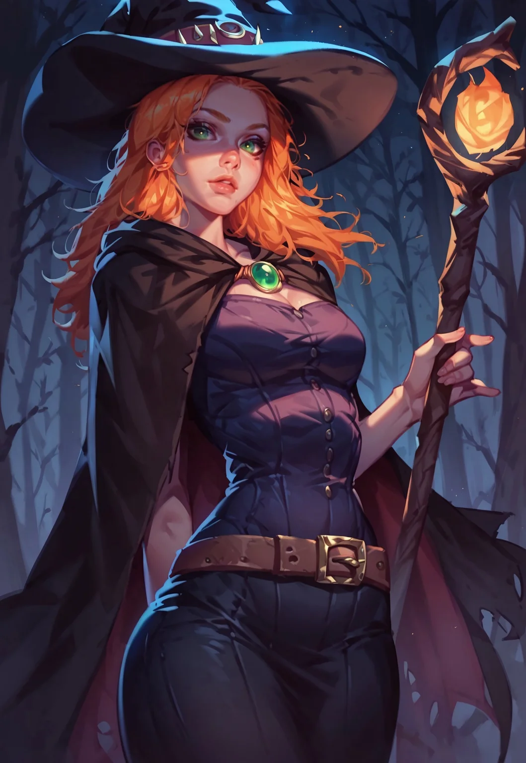 score_9, score_8_up, score_7_up, 1girl, solo, witch, hat, waist belt. cape, staff, ginger hair, green eyes, wide hips, forest, night, darkness, moonlight, darkness, depth of field, cowboy shot, posing, angle