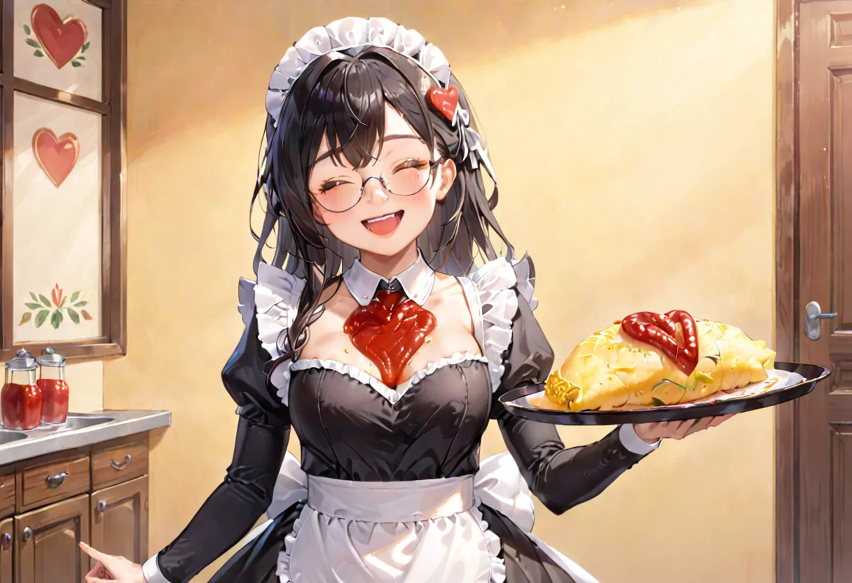 masterpiece, best quality, very aesthetic, absurdres,
1girl, solo, glasses, black hair, long hair, maid headdress, maid, maid apron, black dress, happy, smile, looking at viewer, closed eyes, open mouth, standing, holding tray, 
BREAK
omurice_heart, still life, food focus, plate, food, heart, ketchup, ketchup in a heart shape, 
 <lora:omurice_heart_SDXL_V1:1>