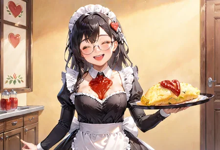 masterpiece, best quality, very aesthetic, absurdres,
1girl, solo, glasses, black hair, long hair, maid headdress, maid, maid apron, black dress, happy, smile, looking at viewer, closed eyes, open mouth, standing, holding tray,
BREAK
omurice_heart, still life, food focus, plate, food, heart, ketchup, ketchup in a heart shape,
<lora:omurice_heart_SDXL_V1:1>