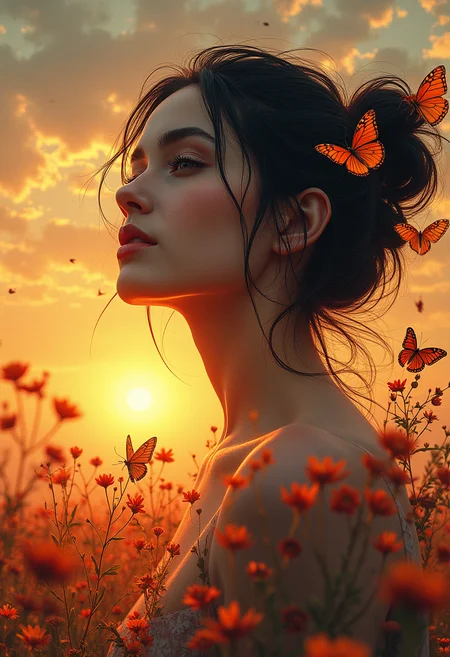 ((absurdres posterart)) realistic graceful 20-year-old 1girl,A dress of flowers and butterflys, Perfect clouds in the sunset, motif buttereflies flying firefly, sounds of morning melody, Motif sunset shades, motif sunset tones, Rossdraws, Atey Ghailan, Benedick Bana, and carne griffiths, Fields of flowers,
detailed face focus, rays tracing, piercing light