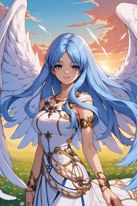 score_9, score_8_up, score_7_up, score_6_up, source_anime, 1girl, solo, <lora:ysfeena-pdxl-nvwls-v1-000004:1> angelFeena, light blue hair, very long hair, blue eyes, angel wings, white dress, jewelry, armlet, bracelet, blue sky, field, sunset, looking at you, smile, big breasts