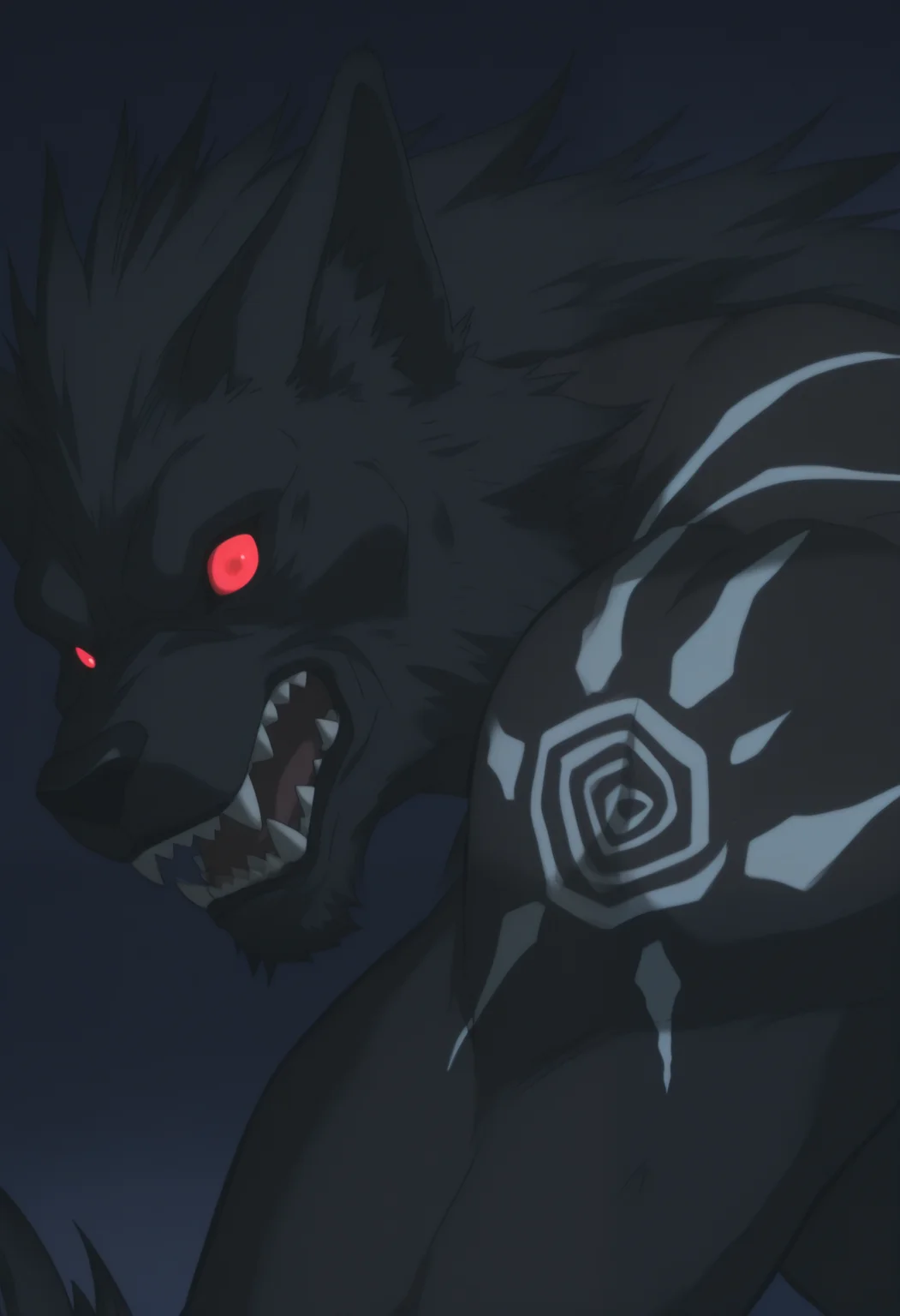 masterpiece,best quality,amazing quality, 1boy, solo, vl4d, werewolf, brown fur, white tribal tattoos, red sclera, no pupils, close up, side angle