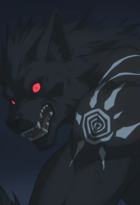 masterpiece,best quality,amazing quality, 1boy, solo, vl4d, werewolf, brown fur, white tribal tattoos, red sclera, no pupils, close up, side angle