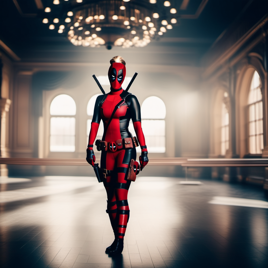 cinematic photo full body portrait lady deadpool, blond hair, ponytail, mask, body suit, ballet dancing in an opera<lora:LDP1024:0.8> . 35mm photograph, film, bokeh, professional, 4k, highly detailed