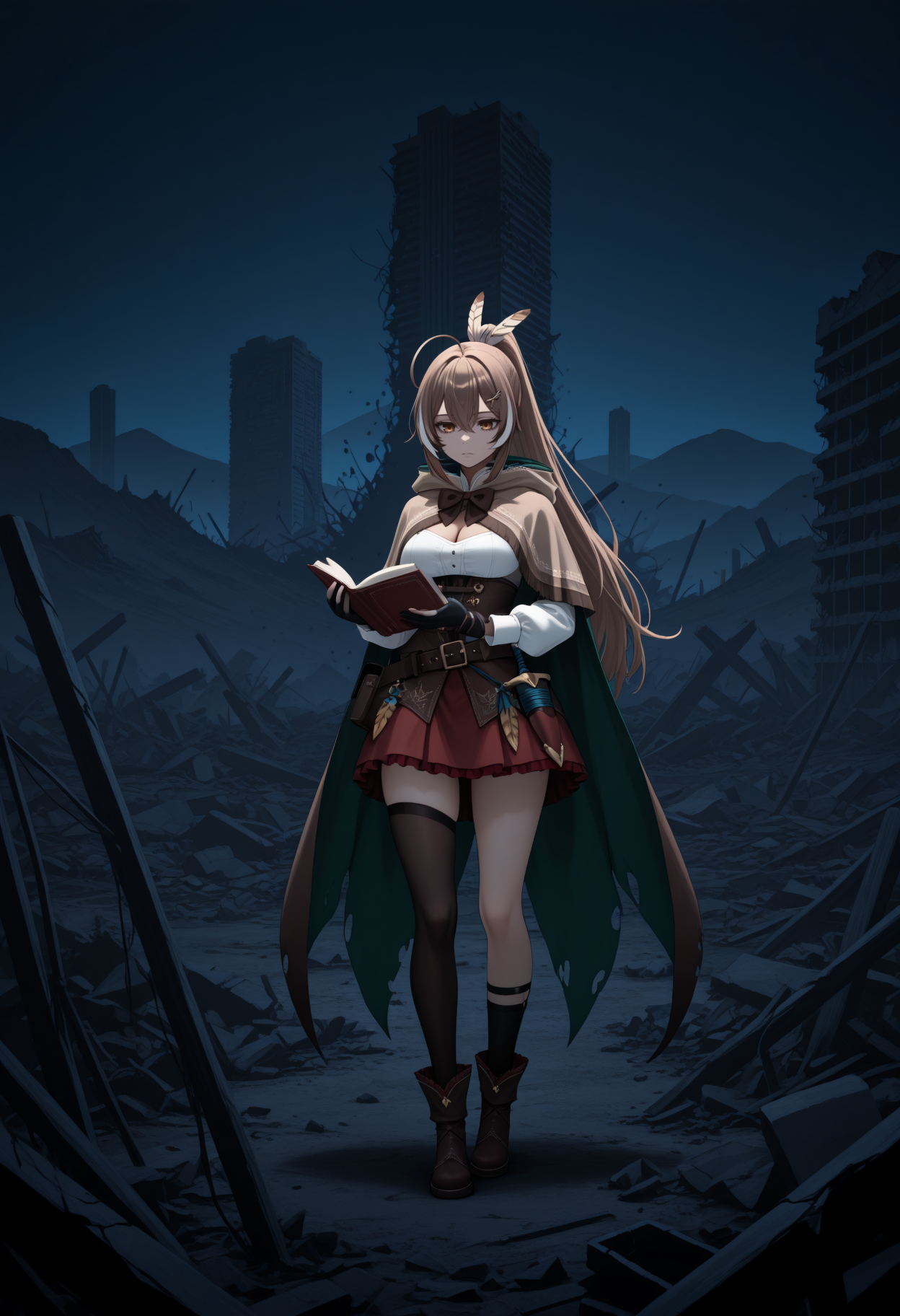 masterpiece, best quality, 1girl, solo, N4nashiDef, brown eyes, brown hair, long hair, streaked sidelocks, ahoge, ponytail, feather hair tie, hairclip, brown capelet, brown bowtie, two-sided cape, green cape, white shirt, high collar, cleavage cutout, brown corset, partially fingerless gloves, black gloves, brown belt, belt pouch, sheathed, red skirt, uneven legwear, black thighhigh, black kneehigh, ankle boots, outdoors, wide shot, holding book, ruins, landscape, hills, debris, destruction, destroyed building, skyscraper, sorrow, expressionless, dark theme, horror \(theme\), night, darkness, dagger, sheathed, three quarter view, <lora:ChamNanashiMumeiNoob:1>