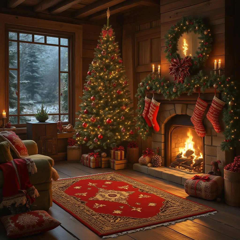 chrlib, wooden scenery, indoors, living room, night, oven, christmas tree, christmas ornaments, christmas_sweaterred carpet CHRC4ND7
