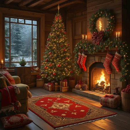chrlib, wooden scenery, indoors, living room, night, oven, christmas tree, christmas ornaments, christmas_sweaterred carpet CHRC4ND7