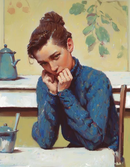 score_9, score_8_up, score_7_up, score_6_up, score_5_up, score_4_up, painting by norman rockwell style BREAK 1girl, solo, sitting on chair at kitchen table, shoulder-length hair, updo, long sleeve sweater, hands on chin, close up, detailed, looking at viewer