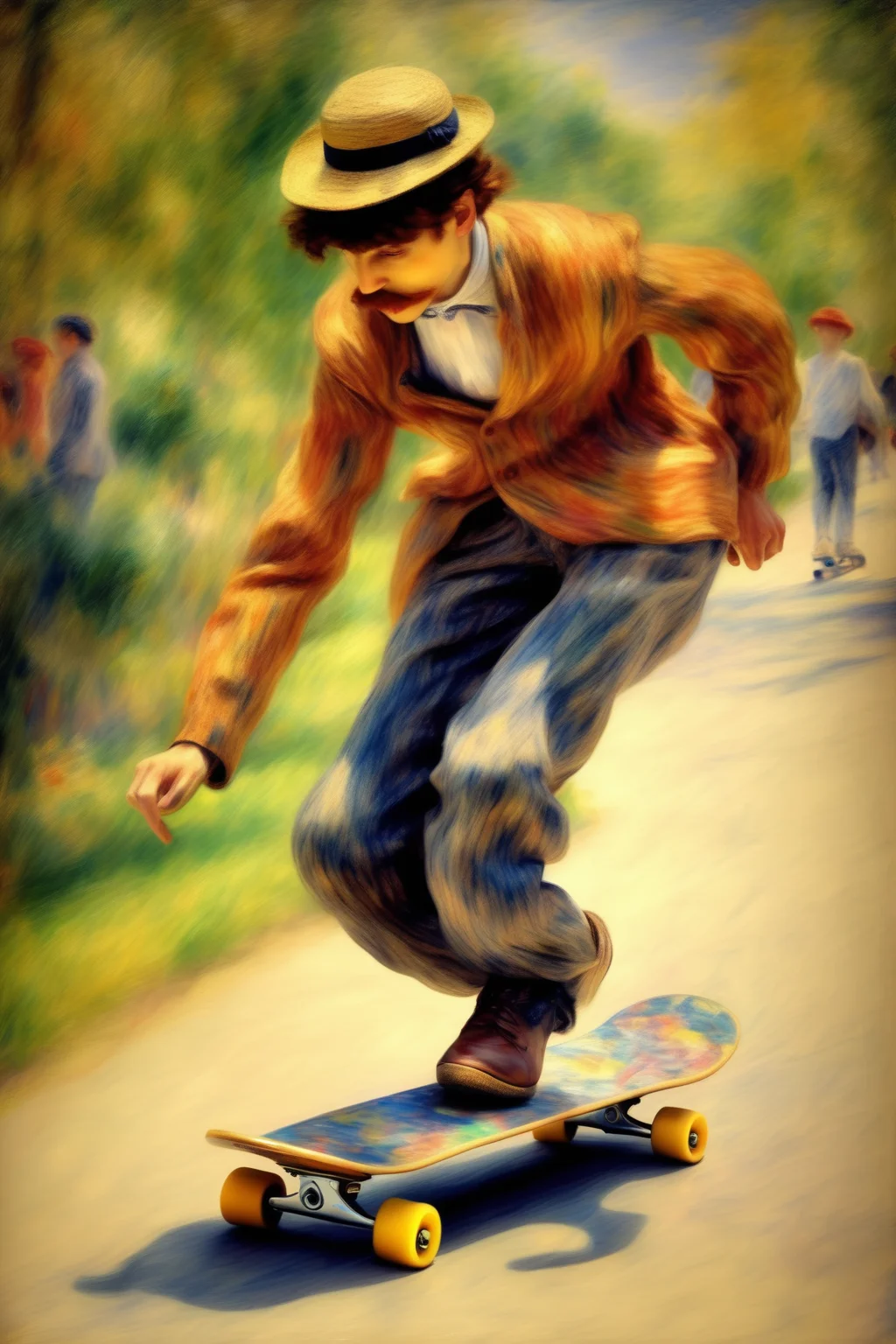 <lora:Pierre Auguste Renoir Style:1>Pierre Auguste Renoir Style - skateboarder Pierre-Auguste Renoir style