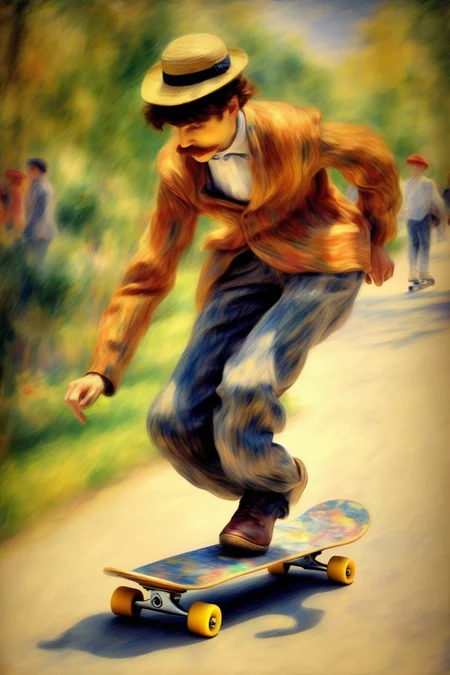 <lora:Pierre Auguste Renoir Style:1>Pierre Auguste Renoir Style - skateboarder Pierre-Auguste Renoir style