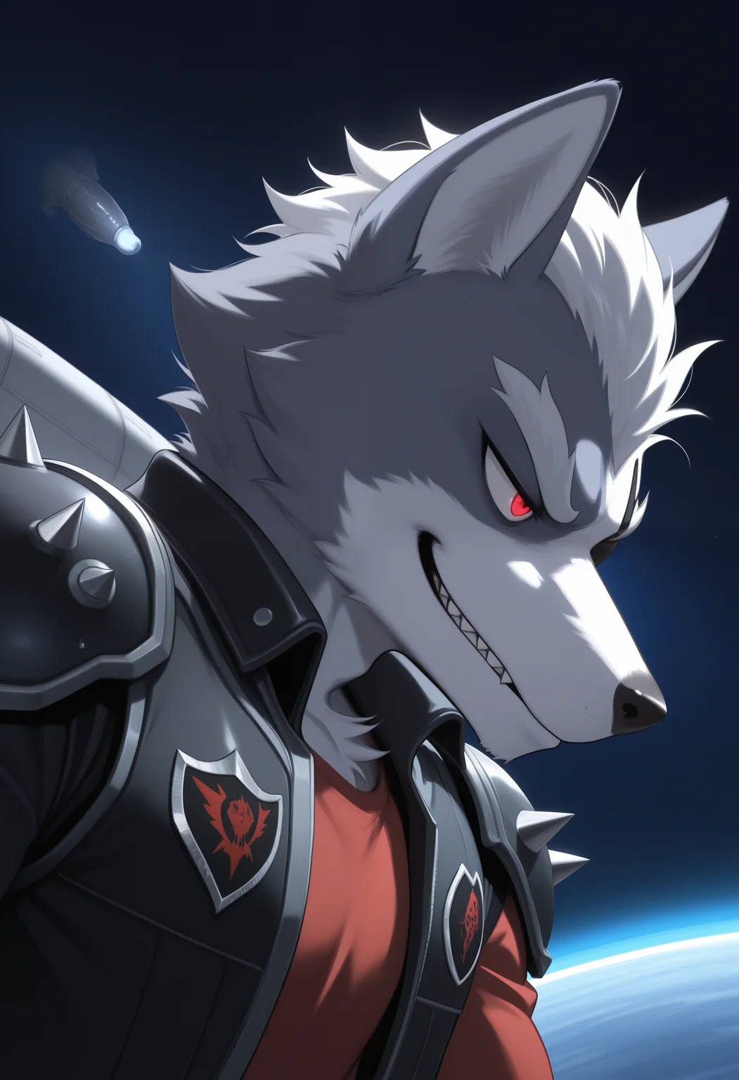 masterpiece,best quality, amazing quality, 1boy, solo, wolfSF, wolf boy, eyepatch, red shirt, 64 black vest, 64 pauldrons, close up, side angle, evil smirk,
space, space ship,