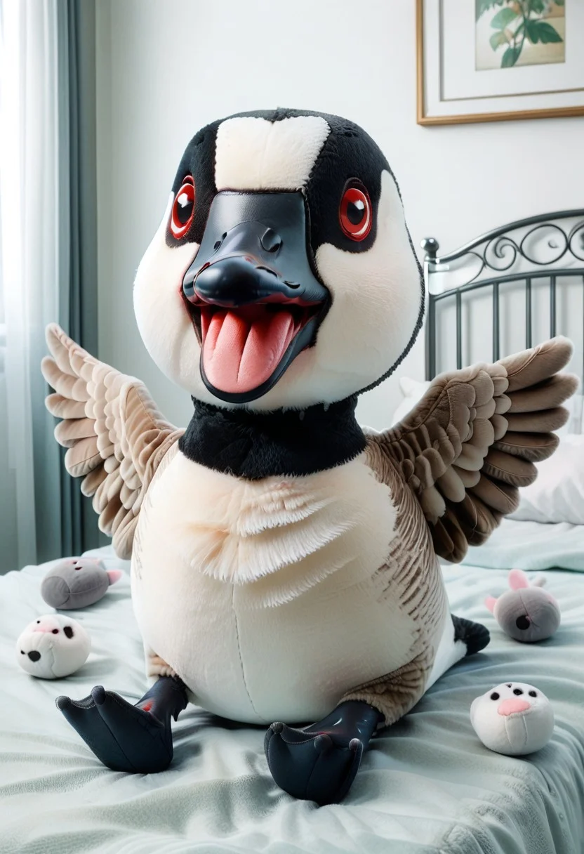 score_9, score_8_up, score_7_up, plushify, character stuffed toy, chibi, plush version of a cg00se, bird, open mouth, solo, bed