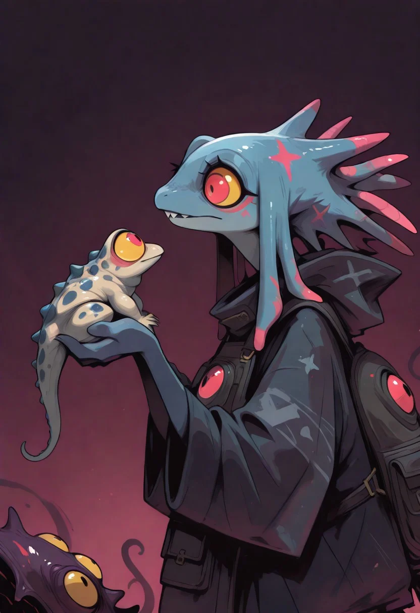 kodoku, bulging eyes, colored sclera , creature , holding , holding creature, looking at creature , profile , red eyes ,🐸 , single tooth , tentacle hair , yellow eyes , yellow sclera ,
masterpiece, best quality ,amazing quality , S4bit4mago_illu , Protoneon , Rapscallionstyle ,