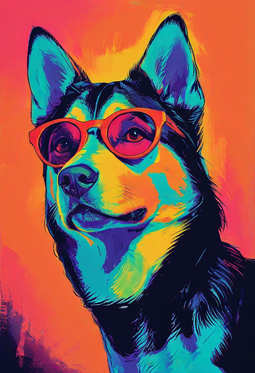 impactful color paint of, a husky puppy wearing dark sunglasses, highly detailed, vibrant colors , 8k, sharp, professional, clear, high contrast, high saturated, , vivid deep blacks, crystal clear