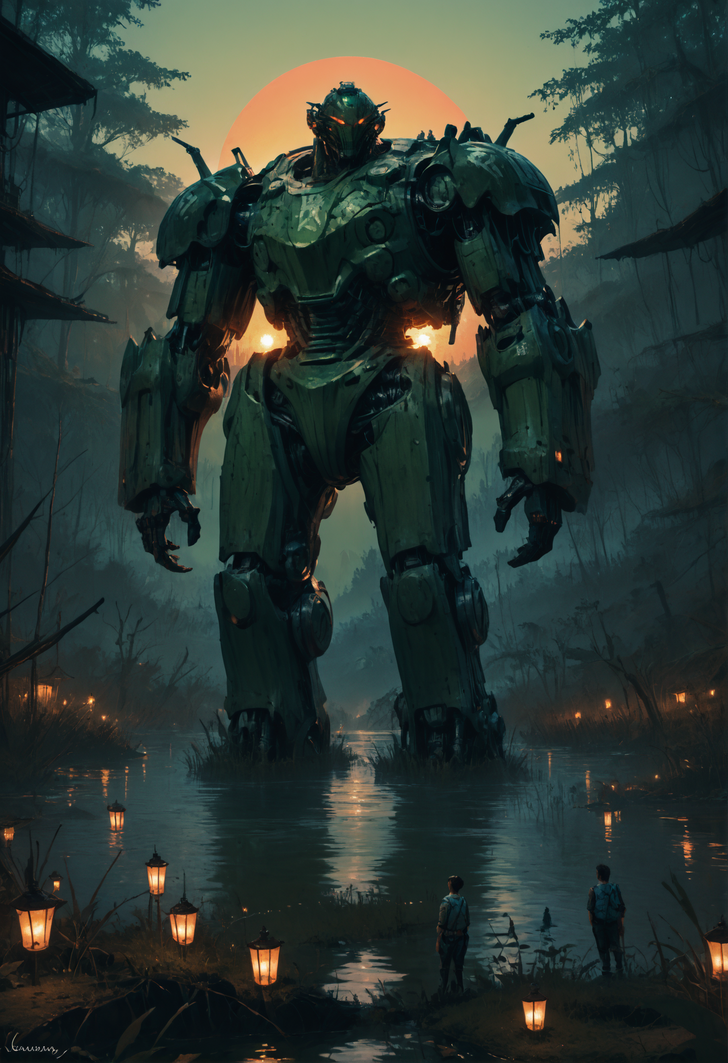 score_9, score_8_up, score_7_up,  <lora:MechaForge-000003:1> m3chaf0rge, giant, giant mech, mecha, bipedal mech, science fiction, sunset, full body, legs, swamp, wetland, people,