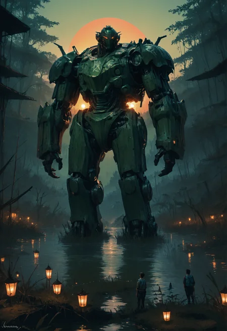 score_9, score_8_up, score_7_up, <lora:MechaForge-000003:1> m3chaf0rge, giant, giant mech, mecha, bipedal mech, science fiction, sunset, full body, legs, swamp, wetland, people,