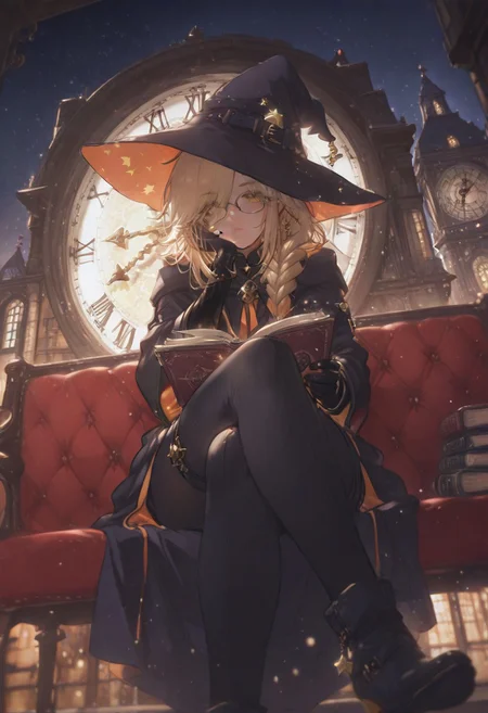 1girl, France braid, long hair, swept bang, blonde hair, freckle, glasses, Wizard, witch hat, holding book, head rest, crossed legs, sitting on sofa, roof, huge clock tower, night, stars, looking at viewer, BREAK konya karasue, ma1ma1helmes_b_illu,sketch, r17329_illu,
BREAK styling pose, fashion pose, sexy posing, dynamic angle, bloom, soft lighting,
BREAK perfect details, masterpiece, best quality, ultra-detailed, best illustration, high resolution, extremely detailed CG, unity 8k wallpaper, textile shading, super detailed skin, perfect anatomy, detailed, cinematic lighting, dynamic lighting, light particles, beautiful detailed eyes, absurdres, very aesthetic, detailed background, depth of field