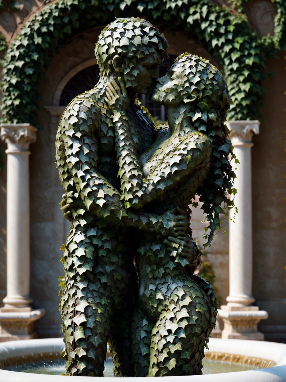 mad-efeu man and woman kissing, statue in fountain <lora:Ivy_SDXL:1.2>, (masterpiece:1.2), best quality, (hyperdetailed, highest detailed:1.2), high resolution textures