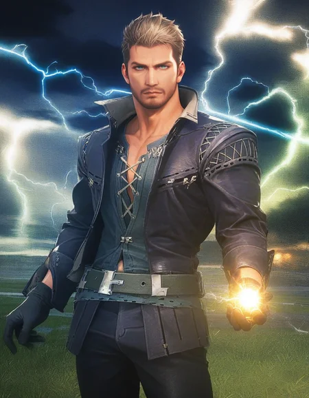 score_9, score_8_up, score_7_up, score_6_up, score_5_up, <lora:FF16 - Cidolfus Telamon - Pony 3-000007:0.7>cid_t, light brown hair, very short hair, green eyes, facial hair, jacket, shirt, belt, gloves, pants, boots, green field, night, storm, lightning, magic, electricity, holding magic, looking at viewer, glowing blue eyes, cowboy shot