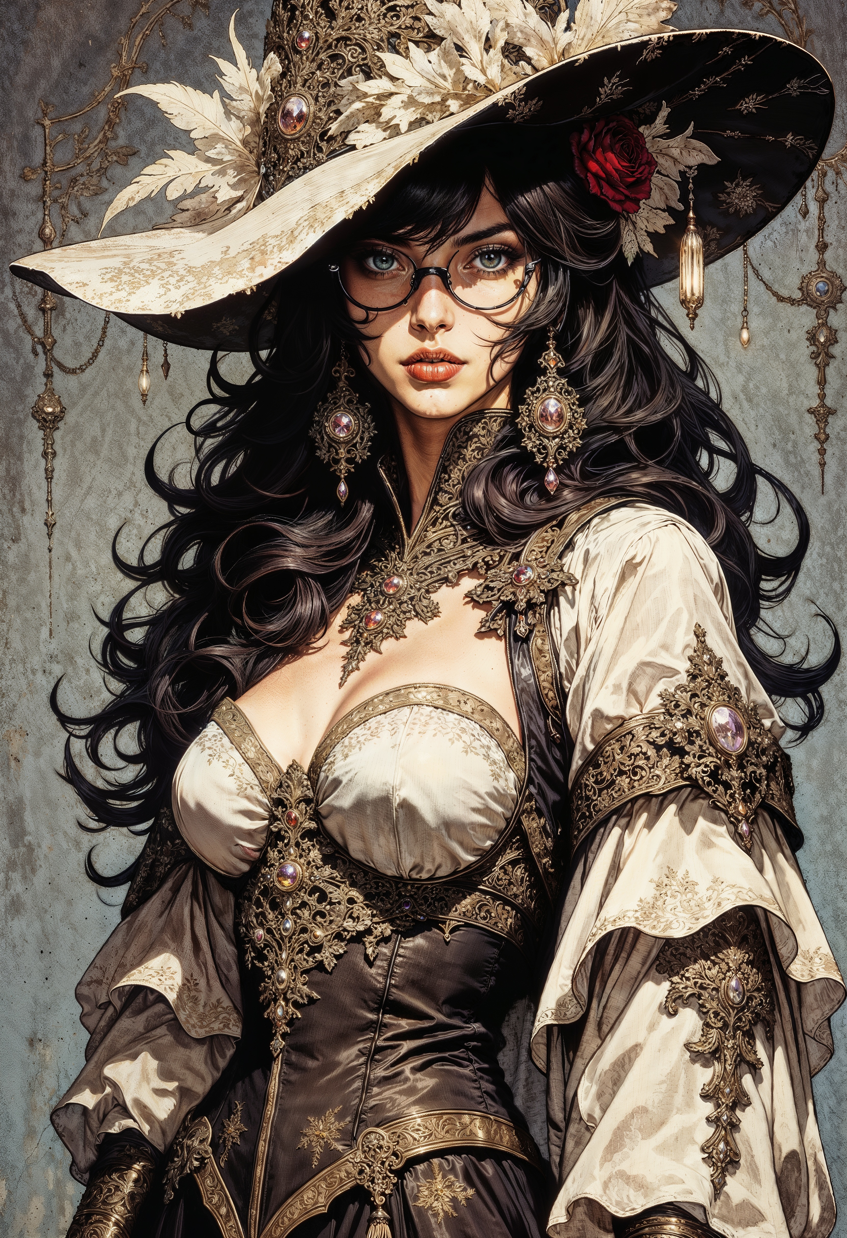 a stylized, fantasy character with a detailed and intricate design. The subject is a woman with fair skin, wearing a large, elaborate hat adorned with lace and feathers, adding a sense of mystique. Her long, dark hair cascades down, partially covering her shoulders. She wears glasses and has striking facial features, including bold red lips and a confident expression. Her attire is ornate, with a corset-style top that has intricate patterns and embellishments, complemented by a flowing, layered robe. Tattoos are visible on her arms, adding to her unique and artistic appearance. The background is abstract, with muted tones of gray and blue, enhancing the focus on the character. The overall composition is balanced, with a blend of soft and sharp brushstrokes, creating a harmonious and captivating visual effect.