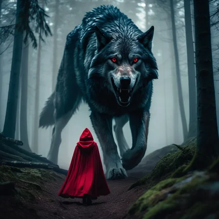cinematic film still of <lora:Little Red Riding Hood style:1.2>
In The Woods a woman in a red cloak is walking in front of a giant wolf monster Full Shot Little Red Riding Hood Style, shallow depth of field, vignette, highly detailed, high budget, bokeh, cinemascope, moody, epic, gorgeous, film grain, grainy