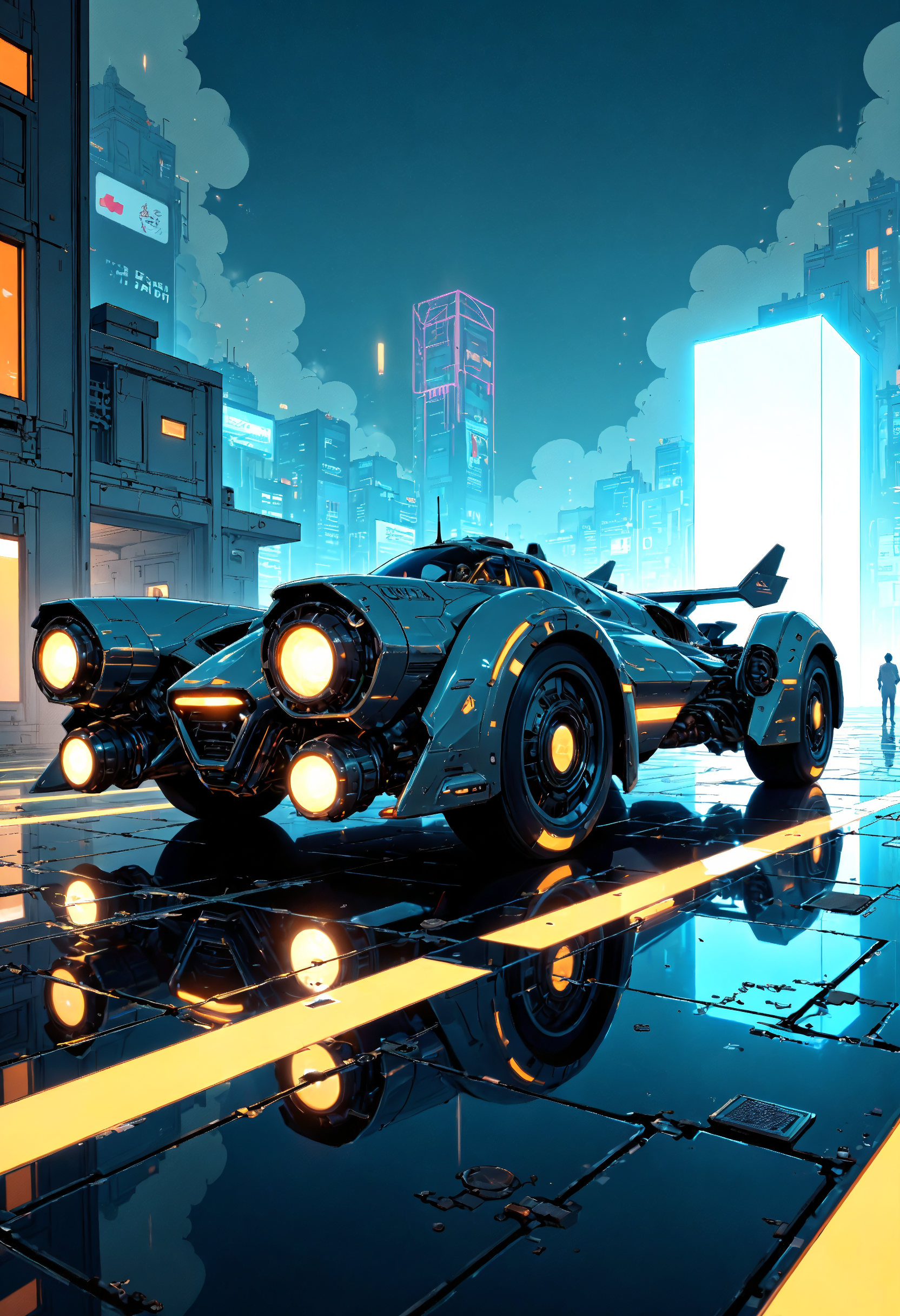 lineart, masterpiece, high-quality, A sleek racing hovercraft parked on the edge of a neon-lit platform, its angular design catching streaks of light from the city below, The faint glow of the horizon enhances its futuristic aerodynamic silhouette, futuristic design, reflective surfaces, glowing accents, dynamic lighting, (elaborate fine details:1.1), (hyperdetailed:1.1), (intricate details:1.0), (Refined details:1.1), (best quality:1.1), (high resolution:1.2),,