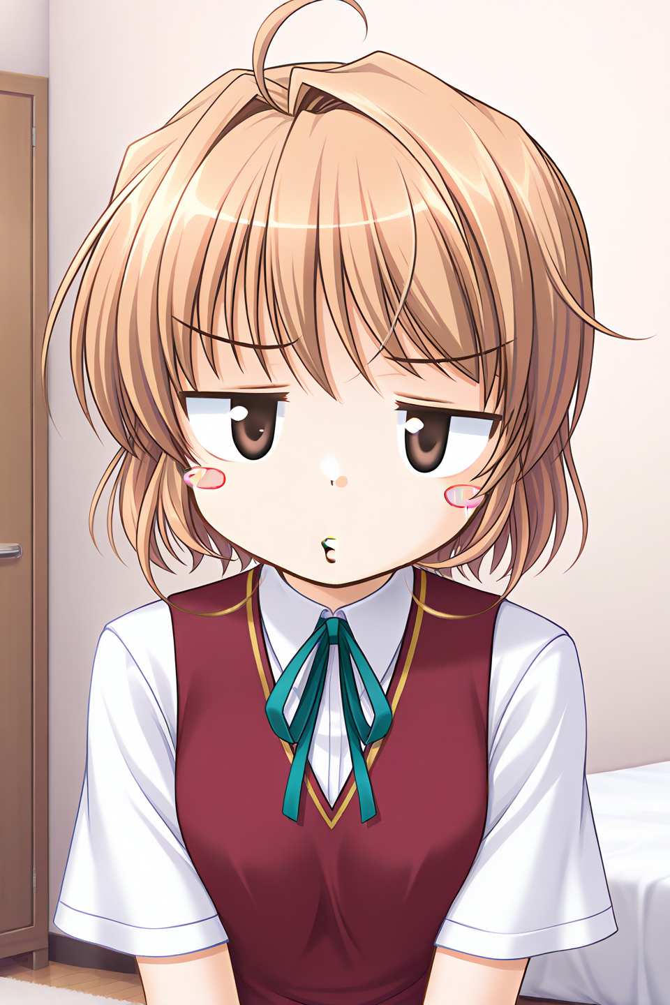 masterpiece, best quality, absurdres, official art, official style, rating general BREAK <lora:yuukikanade_IL_v1-1:0.7>, yuuki kanade, 1girl, solo, brown eyes, ahoge, light brown hair, short hair, hair intakes, small breasts, no headwear, school uniform, summer uniform, red vest, collared shirt, short sleeves, neck ribbon, aqua ribbon, indoors, bedroom, portrait, upper body, close-up,
blush stickers, displeased, frown, jitome, looking at viewer, o3o, pout, puckered lips