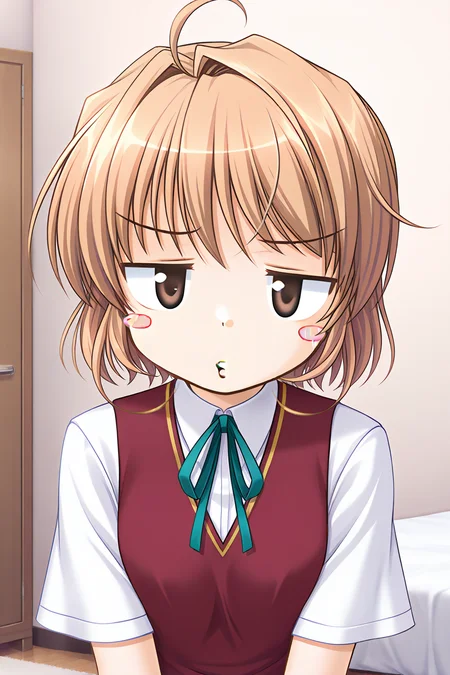 masterpiece, best quality, absurdres, official art, official style, rating general BREAK <lora:yuukikanade_IL_v1-1:0.7>, yuuki kanade, 1girl, solo, brown eyes, ahoge, light brown hair, short hair, hair intakes, small breasts, no headwear, school uniform, summer uniform, red vest, collared shirt, short sleeves, neck ribbon, aqua ribbon, indoors, bedroom, portrait, upper body, close-up,
blush stickers, displeased, frown, jitome, looking at viewer, o3o, pout, puckered lips