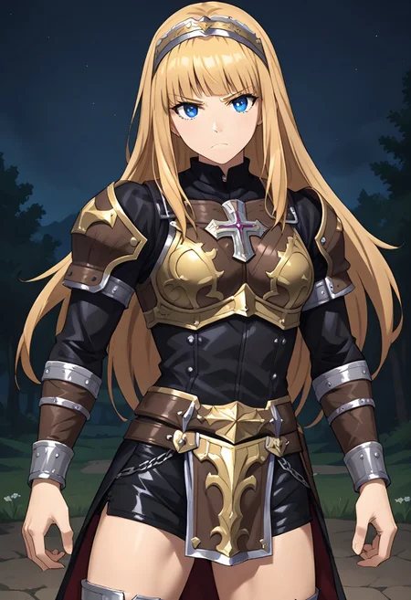 1girl, solo, exorcistcharlotte, blonde hair, long hair, blue eyes, leather armor, jeweled headband, stylized brown breastplate, leather shorts, stylized loincloth, single pauldron, metal wristbands, leather tassets, outdoors, night, standing, serious, cowboy shot