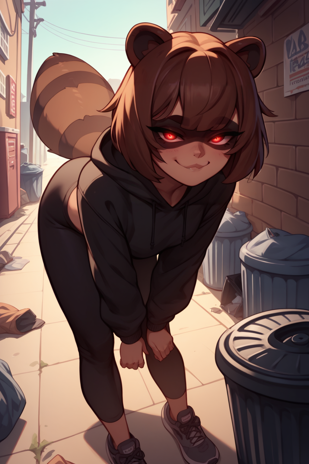 score_9, score_8_up, score_7_up, 1girl, solo, <lora:mixp_pd_glora:1> raccoon girl, raccoon tail, raccoon ears, brown hair, cropped hoodie, black hoodie, black pants, yoga pants, sneaking, trash cans, outdoors, smug, red eyes, glowing eyes, puffy tail, looking at the viewer, leaning forward