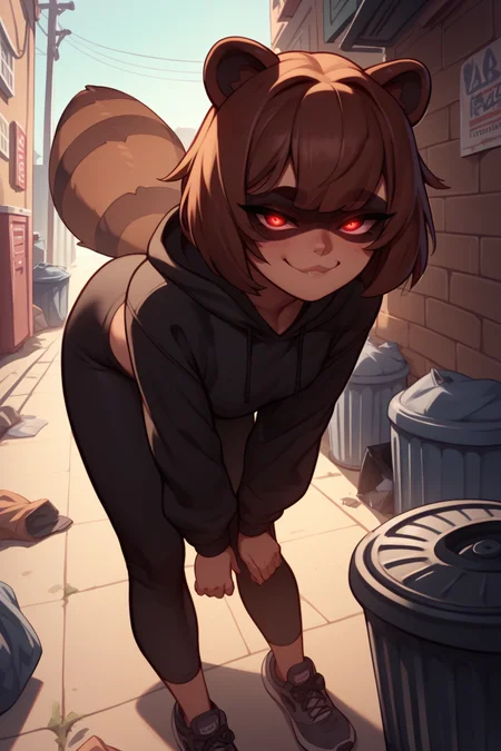 score_9, score_8_up, score_7_up, 1girl, solo, <lora:mixp_pd_glora:1> raccoon girl, raccoon tail, raccoon ears, brown hair, cropped hoodie, black hoodie, black pants, yoga pants, sneaking, trash cans, outdoors, smug, red eyes, glowing eyes, puffy tail, looking at the viewer, leaning forward