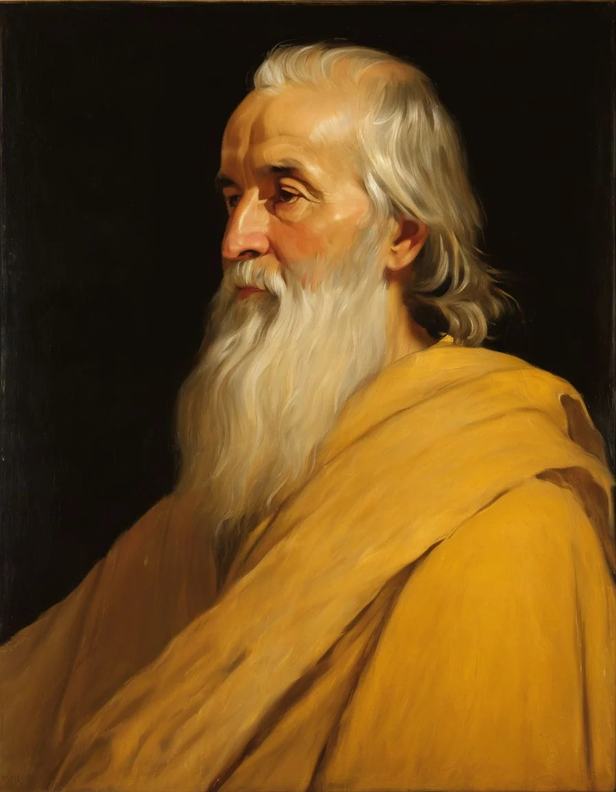 a portrait painting by Rbns, The image portrays an elderly man with a long white beard wearing a golden-yellow robe. He is gazing to the side holding. The background is dark emphasizing the subject., male focus, facial hair, old man, white hair, upper body, black background, simple background, <lora:Rubens_XL:1>